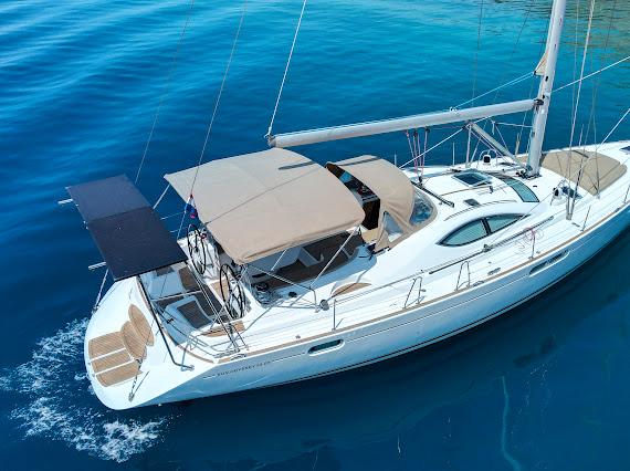 Aerial view of yacht stern cruising on clear blue water
